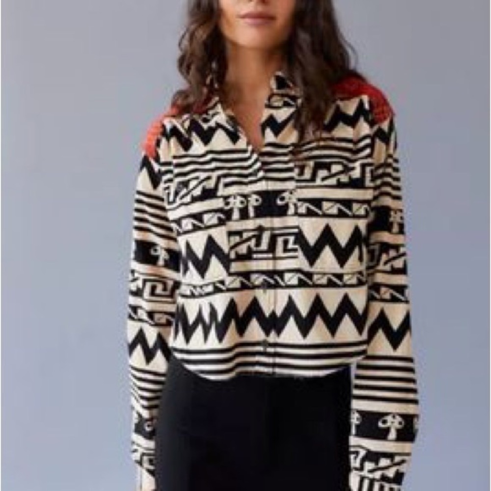 Urban Outfitters BDG mushroom plaid cropped button down flannel S oversized NWT